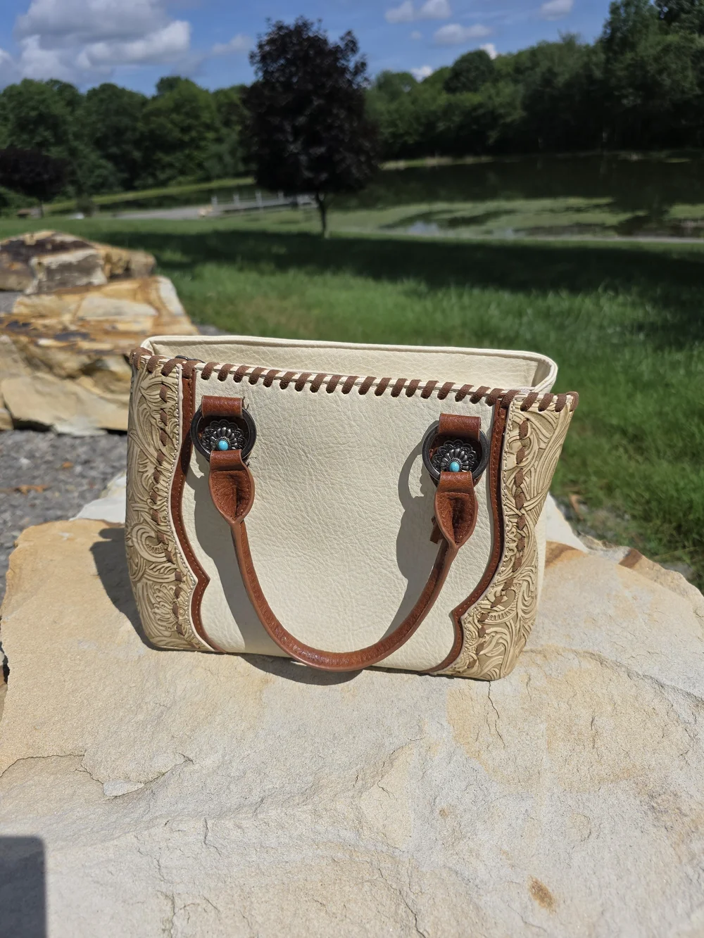 Western Tooled Leather Trinity Ranch Cream and Brown Women’s Satchel Handbag